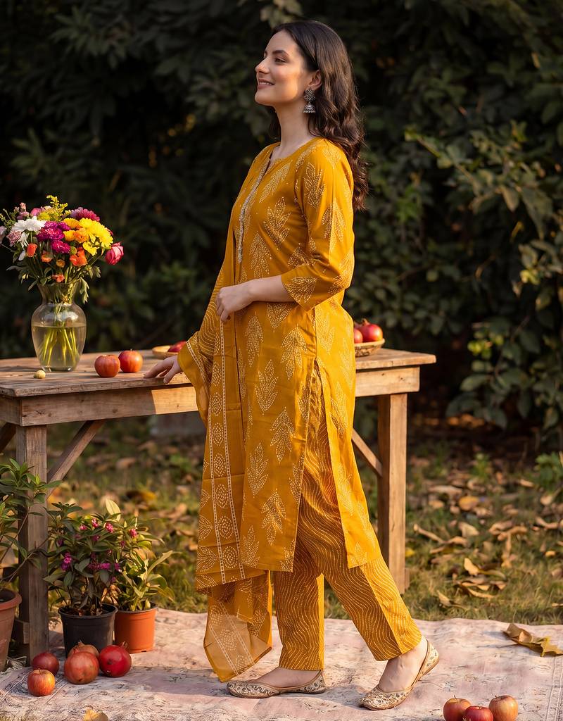 Mustard printed linen kurta trouser dupatta set