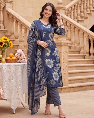 Blue printed cotton blend kurta trouser dupatta set 1