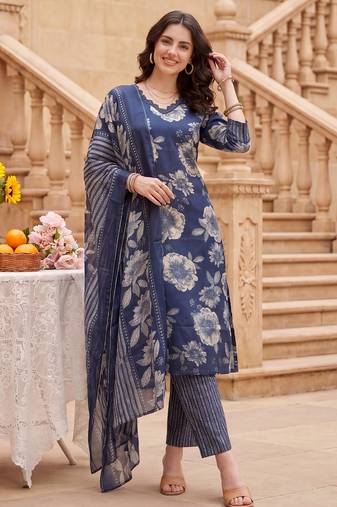 Blue printed cotton blend kurta trouser dupatta set