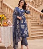 Blue printed cotton blend kurta trouser dupatta set