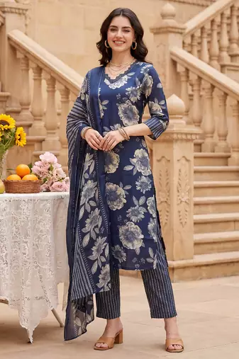 Blue printed cotton blend kurta trouser dupatta set