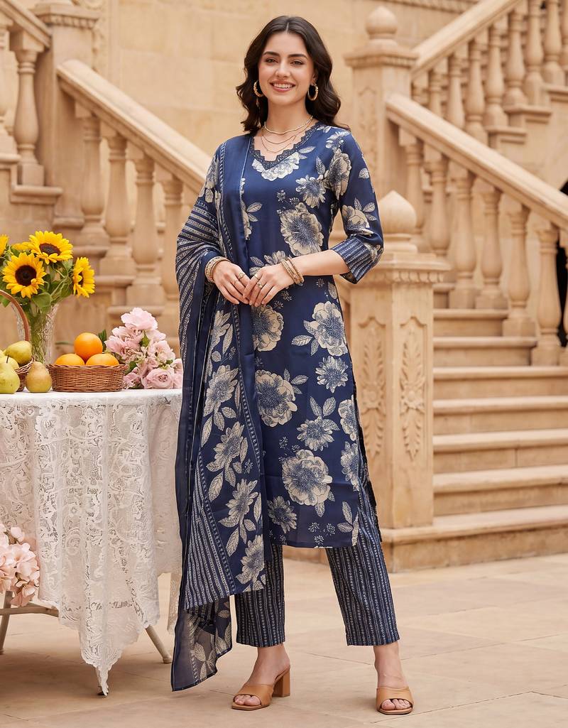 Blue printed cotton blend kurta trouser dupatta set