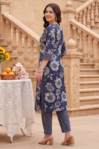 Blue printed cotton blend kurta trouser dupatta set
