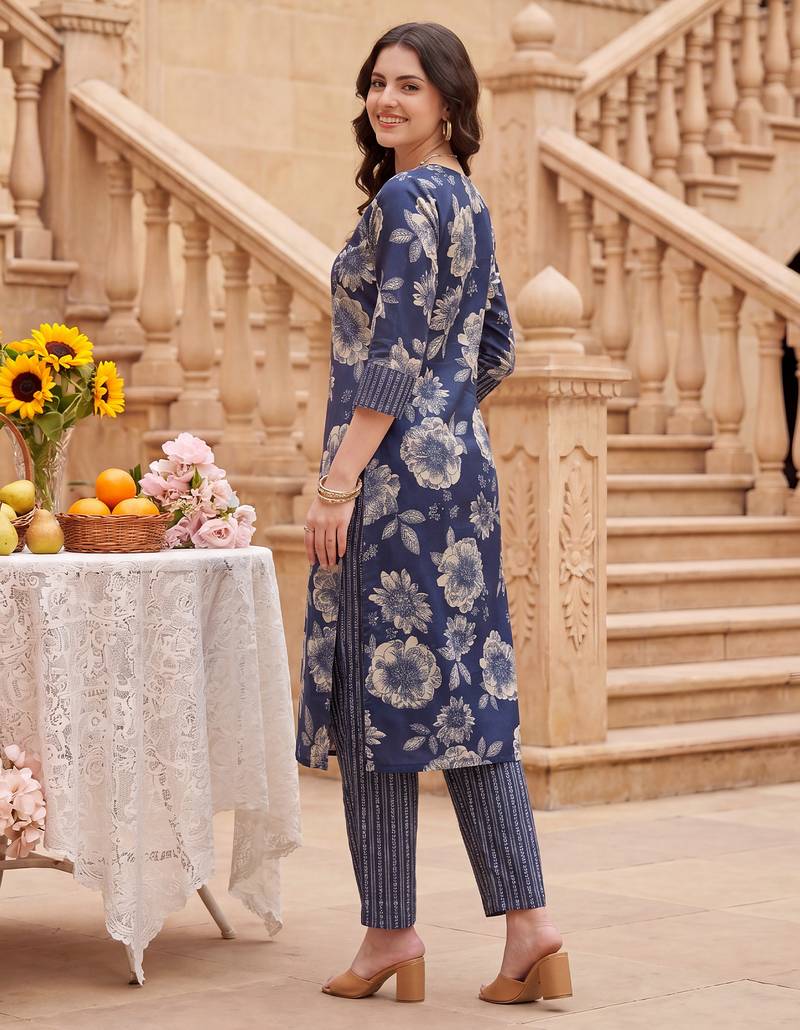 Blue printed cotton blend kurta trouser dupatta set