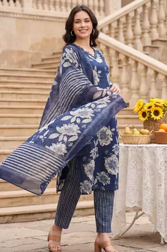 Blue printed cotton blend kurta trouser dupatta set