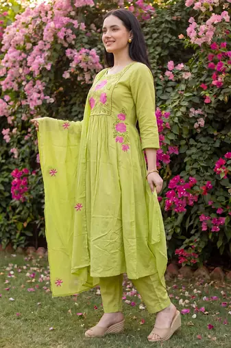 Green embroidered pure cotton kurta trouser dupatta set