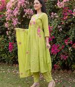 Green embroidered pure cotton kurta trouser dupatta set