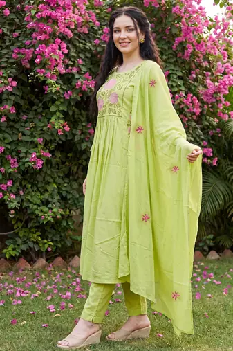 Green embroidered pure cotton kurta trouser dupatta set