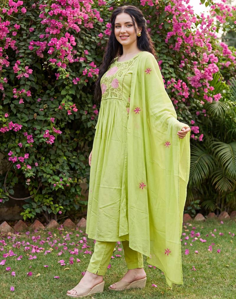 Green embroidered pure cotton kurta trouser dupatta set