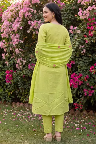 Green embroidered pure cotton kurta trouser dupatta set