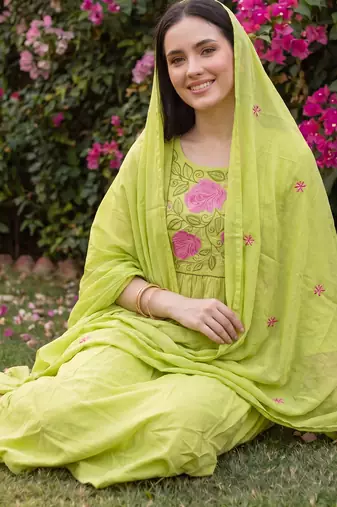 Green embroidered pure cotton kurta trouser dupatta set