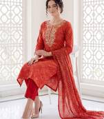 Orange embroidered pure cotton kurta trouser dupatta set