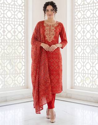 Orange embroidered pure cotton kurta trouser dupatta set 2