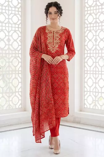 Orange embroidered pure cotton kurta trouser dupatta set