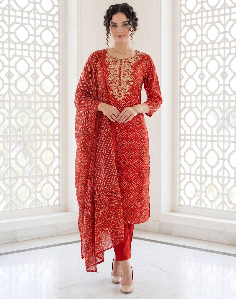 Orange embroidered pure cotton kurta trouser dupatta set
