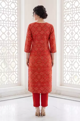 Orange embroidered pure cotton kurta trouser dupatta set
