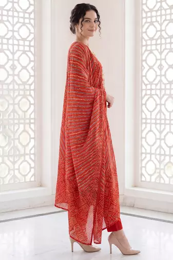 Orange embroidered pure cotton kurta trouser dupatta set