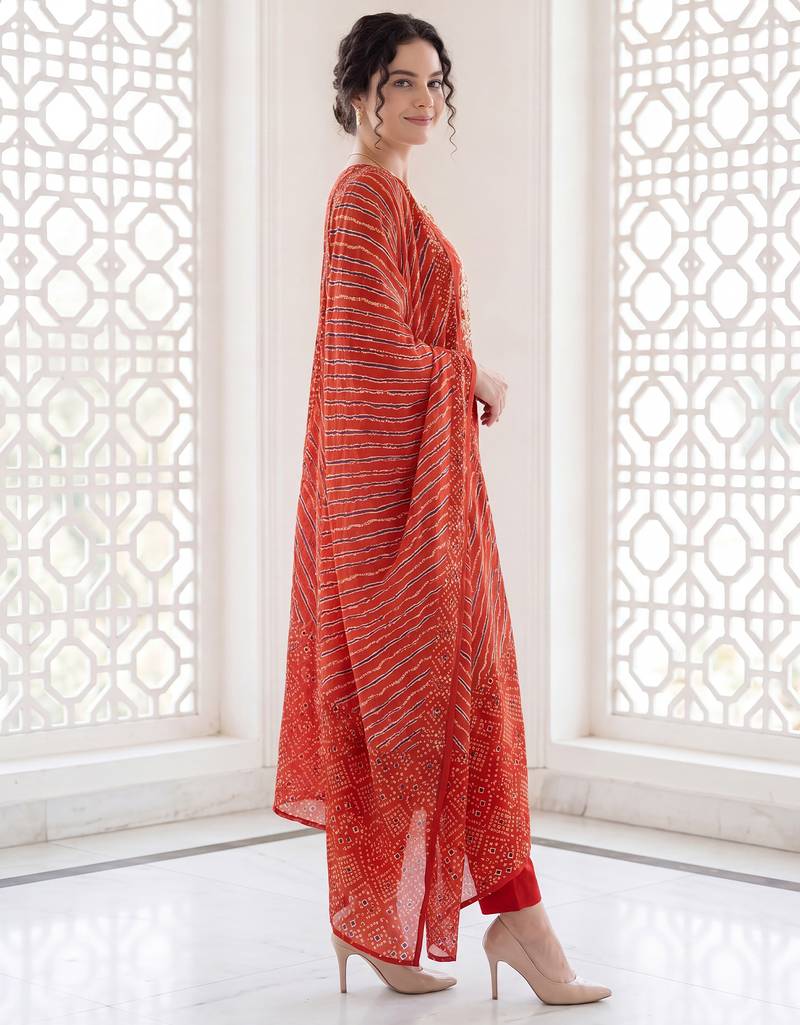 Orange embroidered pure cotton kurta trouser dupatta set