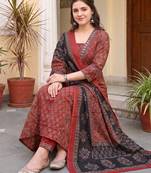 Maroon printed pure cotton kurta trouser dupatta set