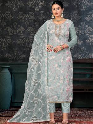 sea green & sea green embroidered organza unstitched dress material 1