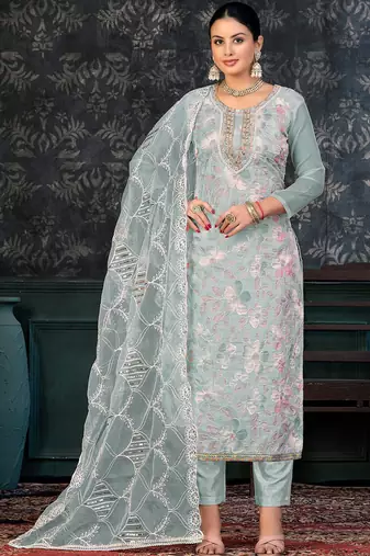 sea green & sea green embroidered organza unstitched dress material