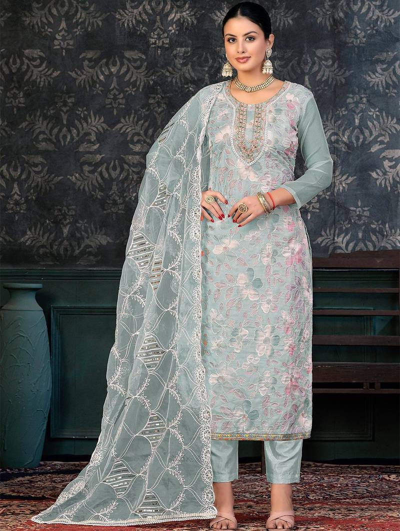 Sea Green & Sea Green Embroidered Organza Unstitched Dress Material