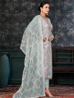 sea green & sea green embroidered organza unstitched dress material 2