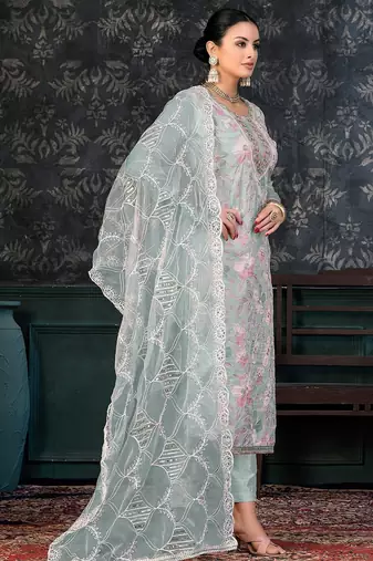 sea green & sea green embroidered organza unstitched dress material
