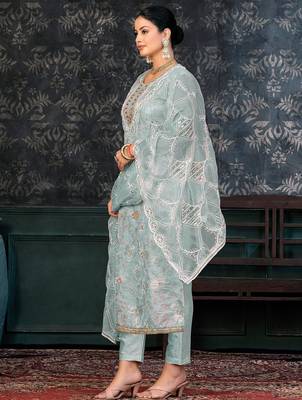 sea green & sea green embroidered organza unstitched dress material 3