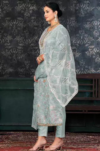 sea green & sea green embroidered organza unstitched dress material