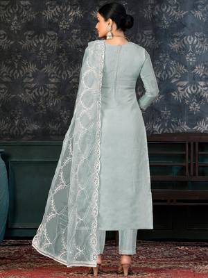 sea green & sea green embroidered organza unstitched dress material 4