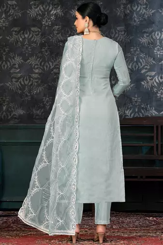 sea green & sea green embroidered organza unstitched dress material