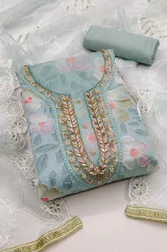 sea green & sea green embroidered organza unstitched dress material
