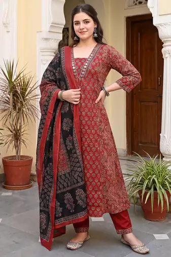 Maroon printed pure cotton kurta trouser dupatta set