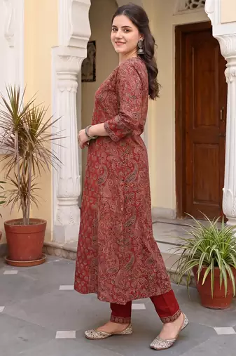 Maroon printed pure cotton kurta trouser dupatta set