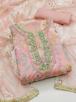 floral printed beads detail organza unstitched dress material 5