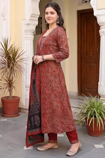 Maroon printed pure cotton kurta trouser dupatta set