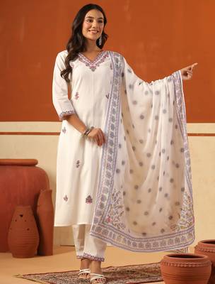 White embroidered pure cotton kurta trouser dupatta set 1