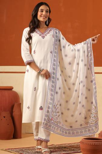 White embroidered pure cotton kurta trouser dupatta set