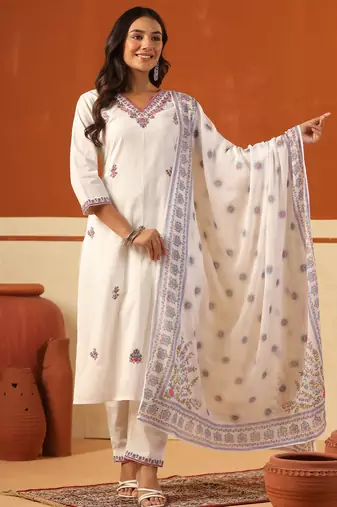 White embroidered pure cotton kurta trouser dupatta set