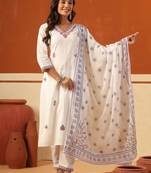 White embroidered pure cotton kurta trouser dupatta set