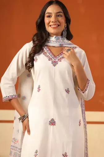 White embroidered pure cotton kurta trouser dupatta set