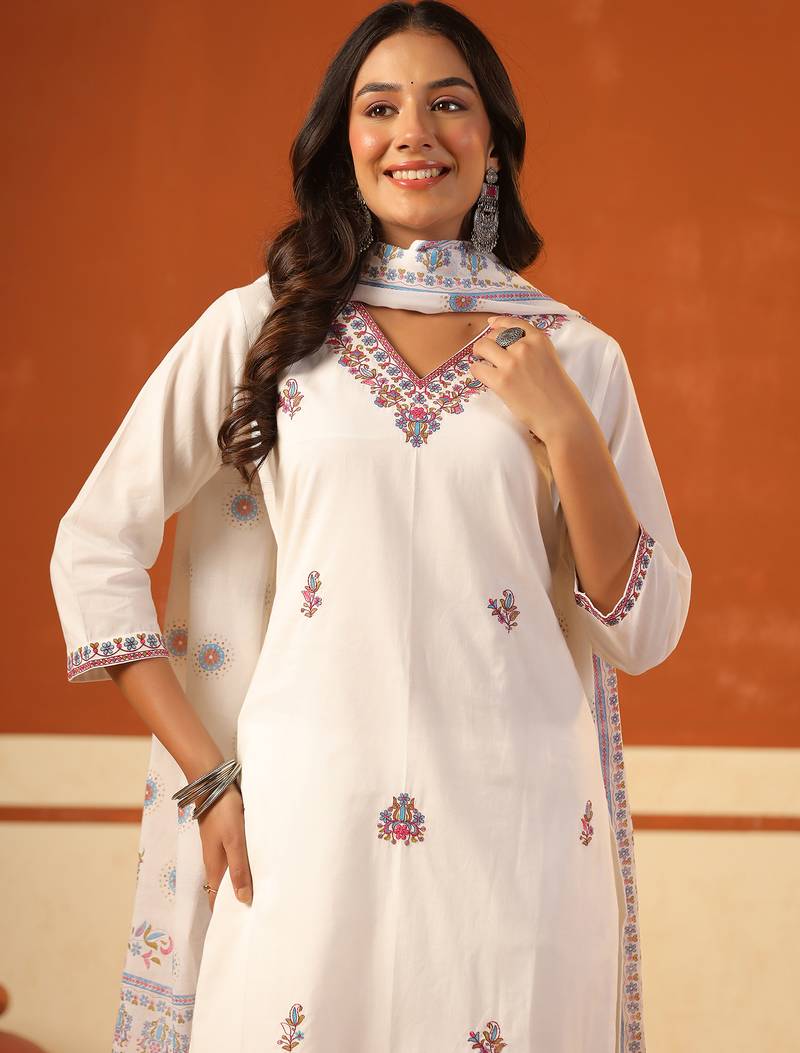 White embroidered pure cotton kurta trouser dupatta set