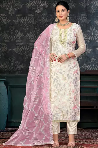 floral printed beads & stones organza unstitched dress material