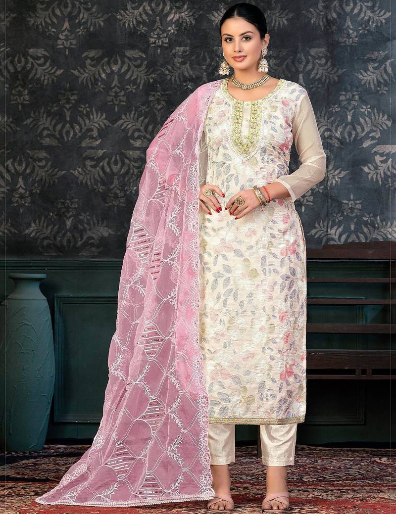Floral Printed Beads & Stones Organza Unstitched Dress Material