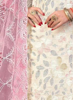 floral printed beads & stones organza unstitched dress material 2