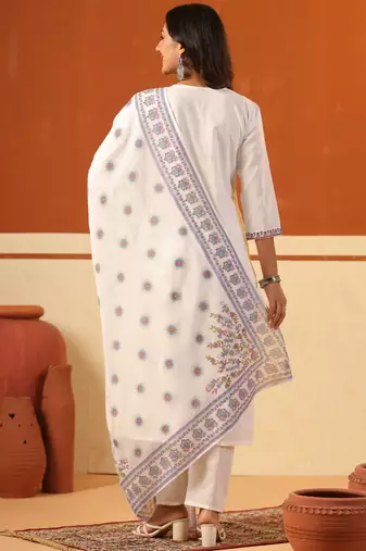 White embroidered pure cotton kurta trouser dupatta set