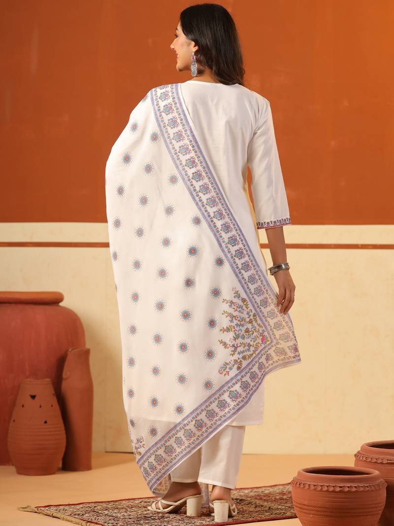 White embroidered pure cotton kurta trouser dupatta set