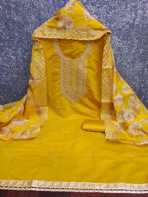 women yellow embroidered unstitched dress material 1