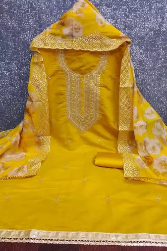 women yellow embroidered unstitched dress material